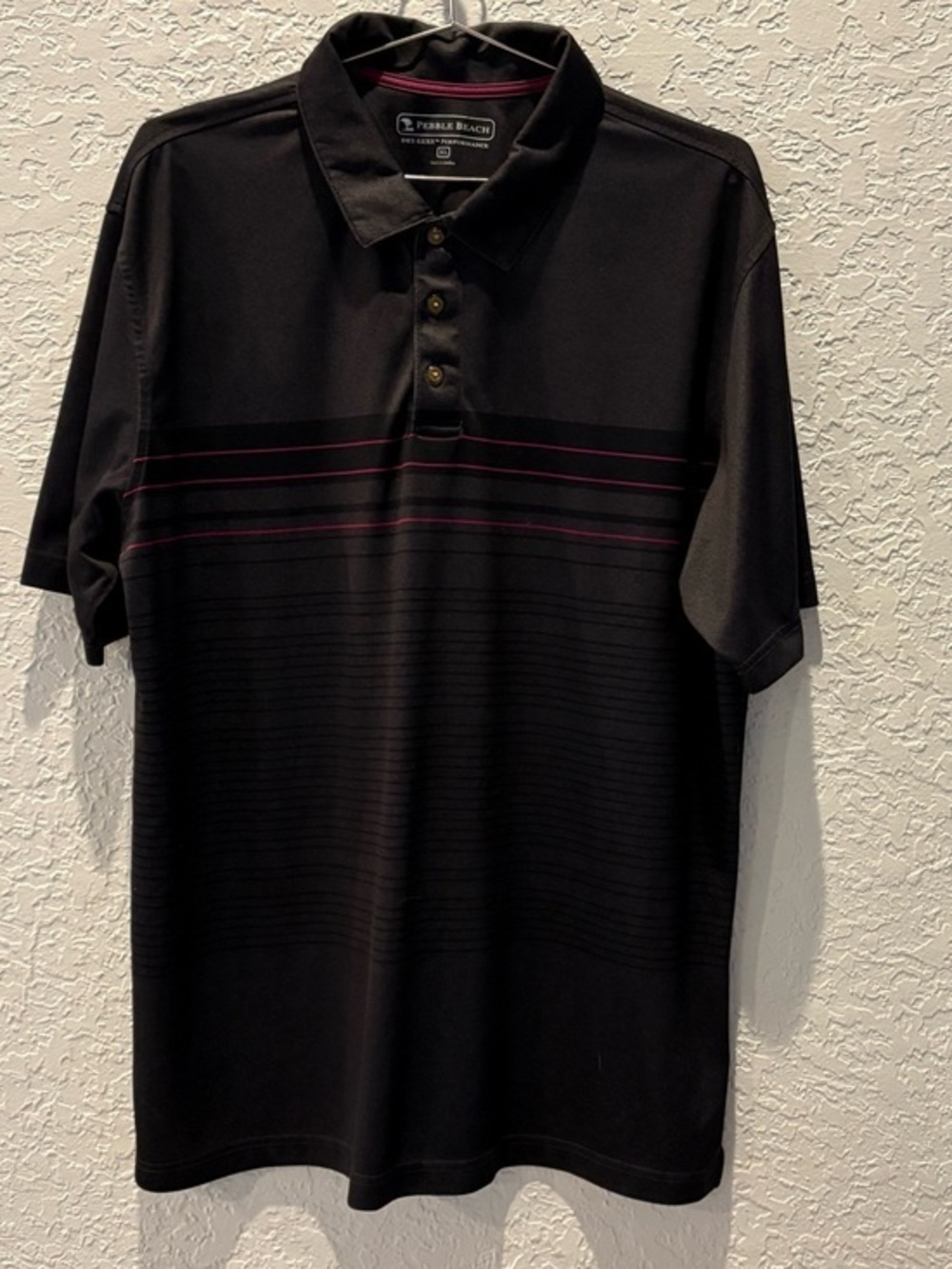 Pebble Beach Black Polo with Thin Magenta Stripes